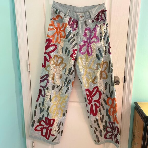 Ashish Floral Graffiti Sequined Wide-leg Jeans - Size Medium (US 6) - Picture 1 of 9